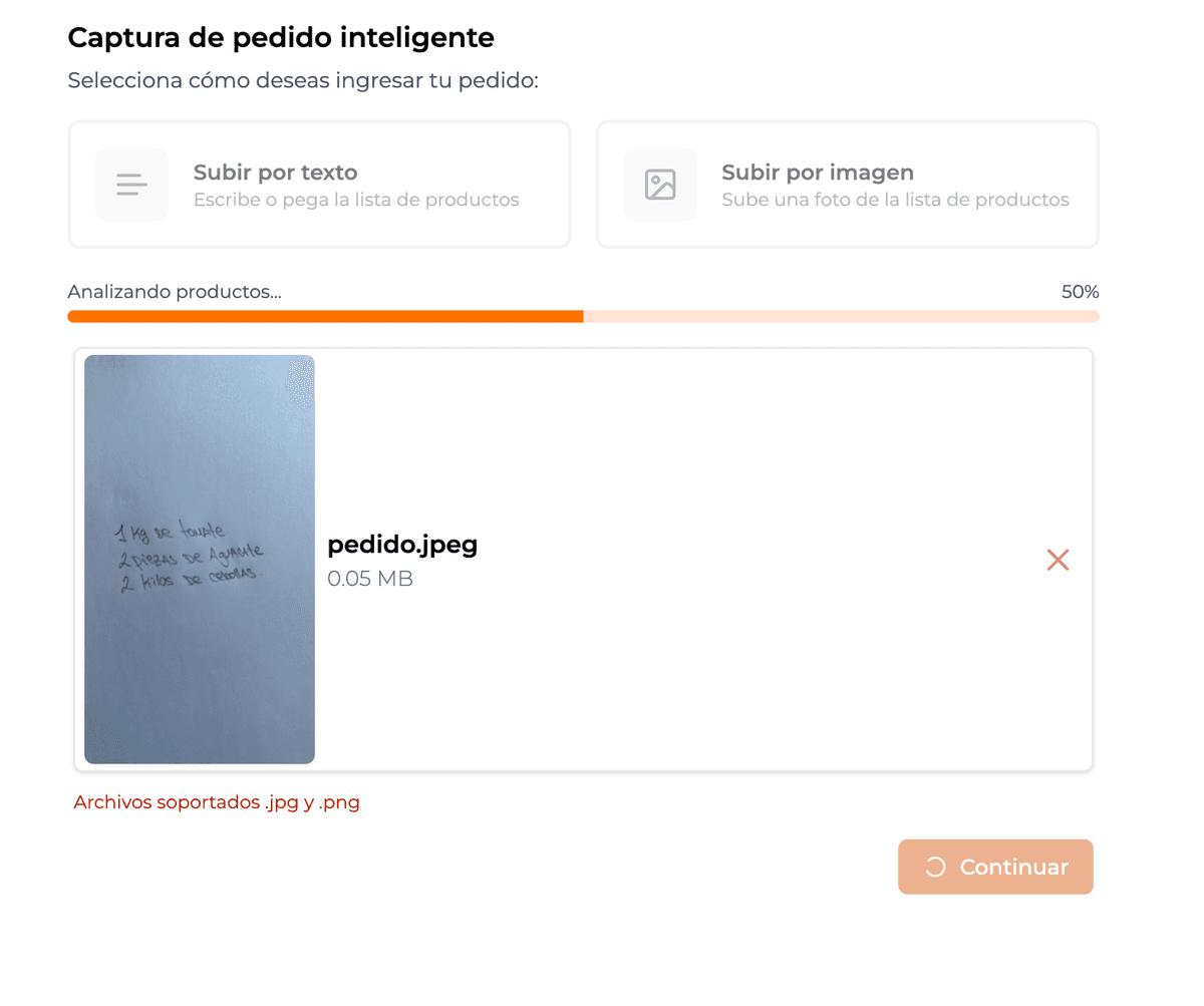Foto de pedido escrito a mano subida a Simplifud