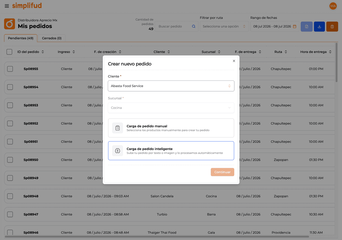 Modal para crear nuevo pedido: elegir cliente, sucursal y tipo de carga